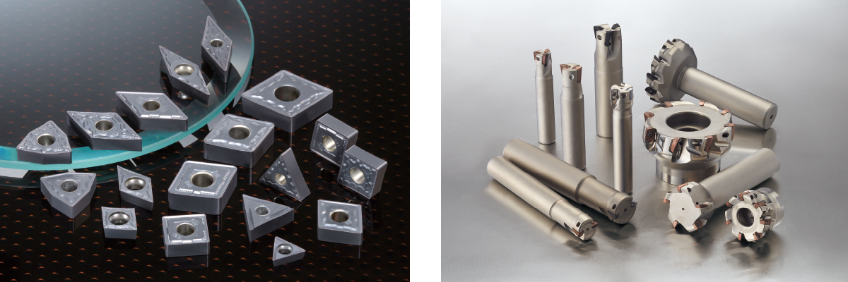 左：難削材旋削用コーティング材種AC5015S/AC5025S。右：万能・高精度隅削りカッタSEC-ウェーブミルWEZ™型
